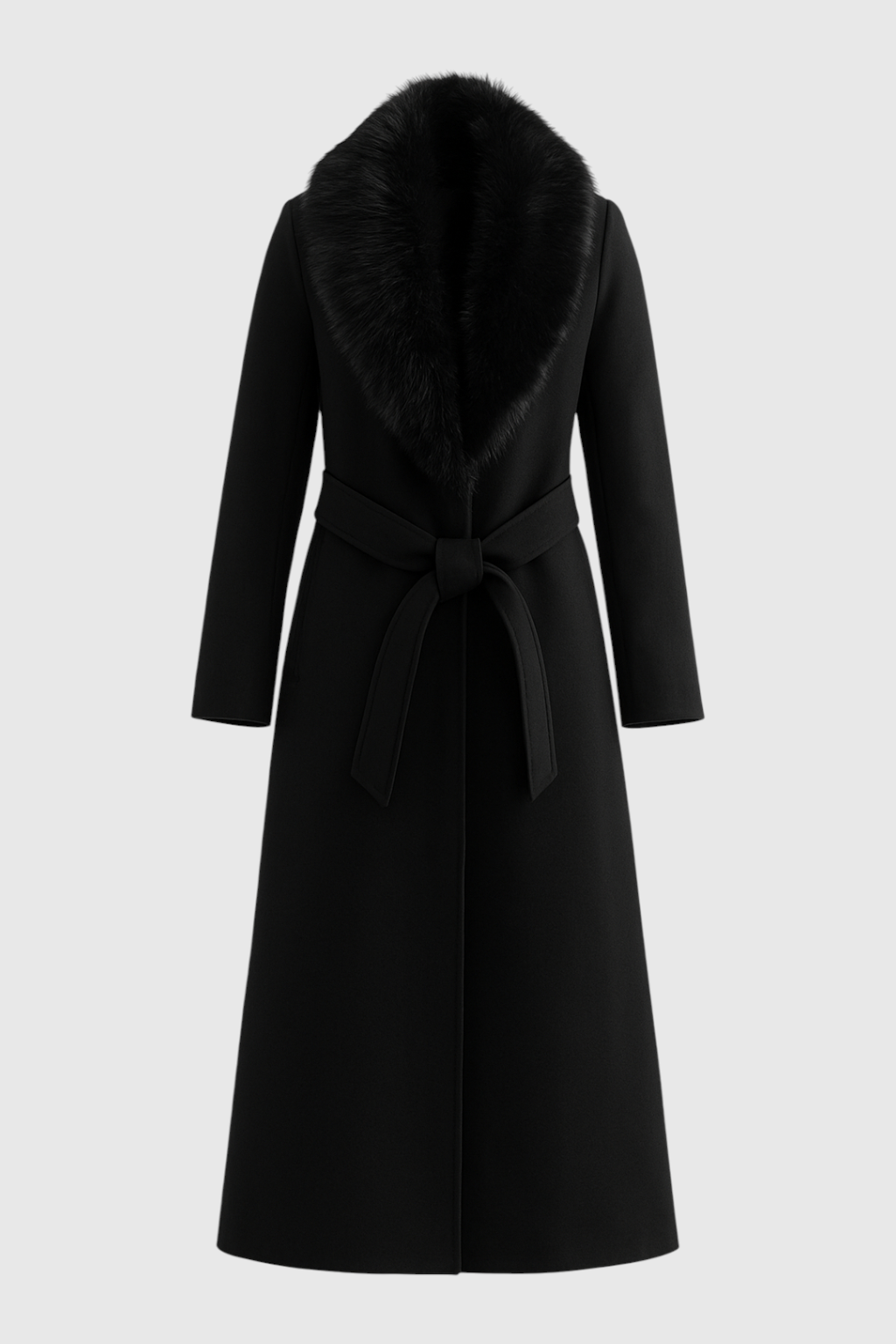 Women's Long Black Wool Coat with Fur Collar