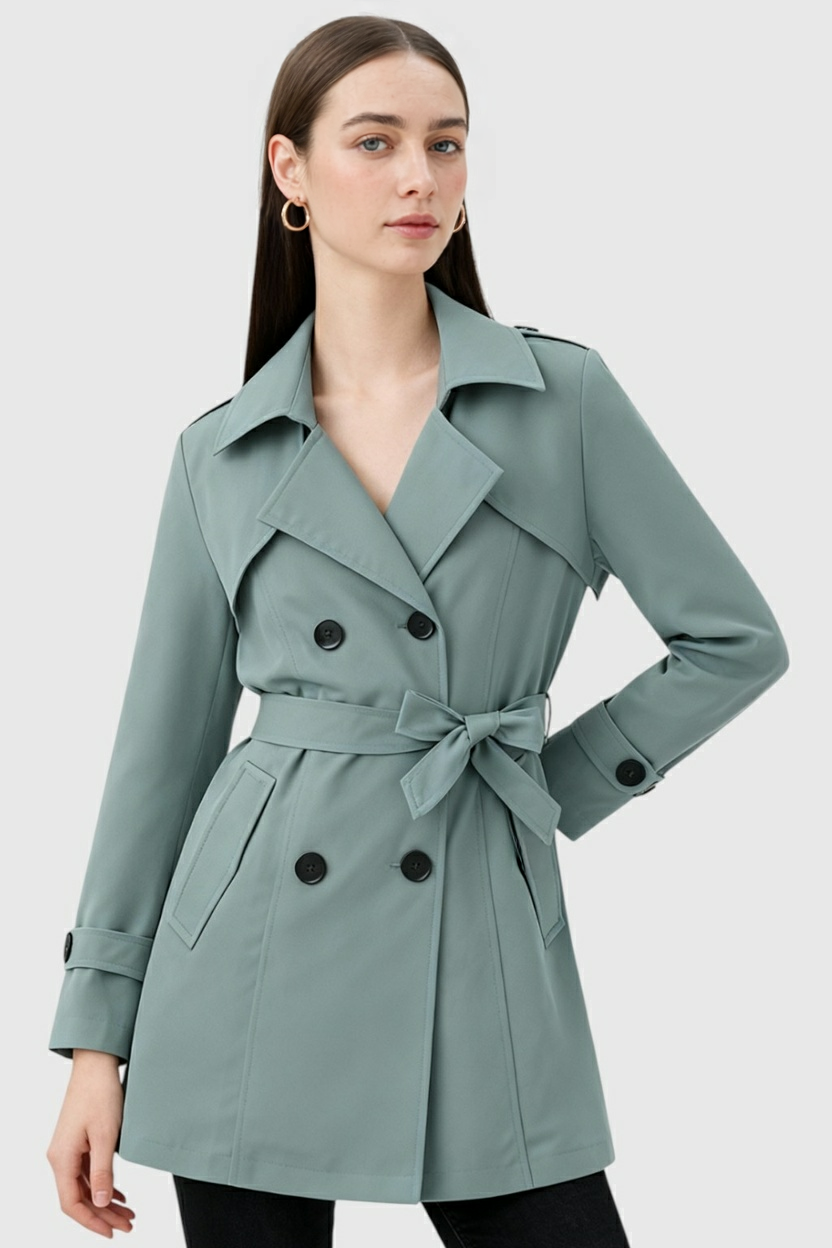 Women's Light Green Half-Length Trench Coat