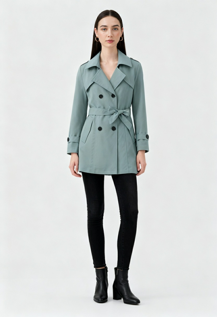 Women's Light Green Half-Length Trench Coat