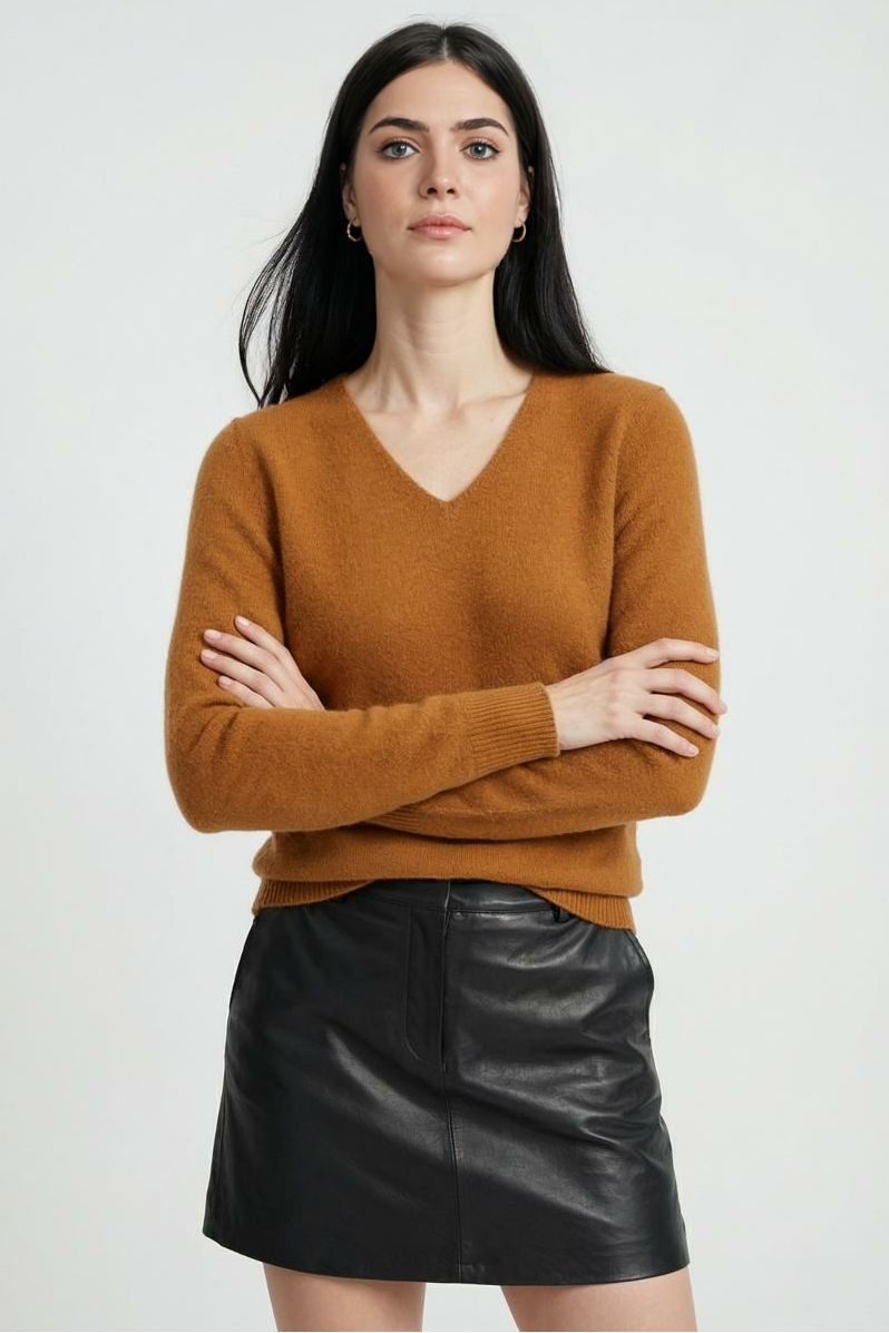 Women's Orange Merino Wool V-Neck Sweater