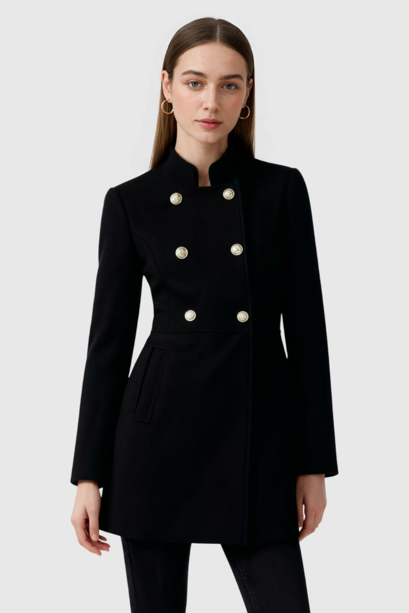 Women's Black Winter Coat with Double Row of Buttons
