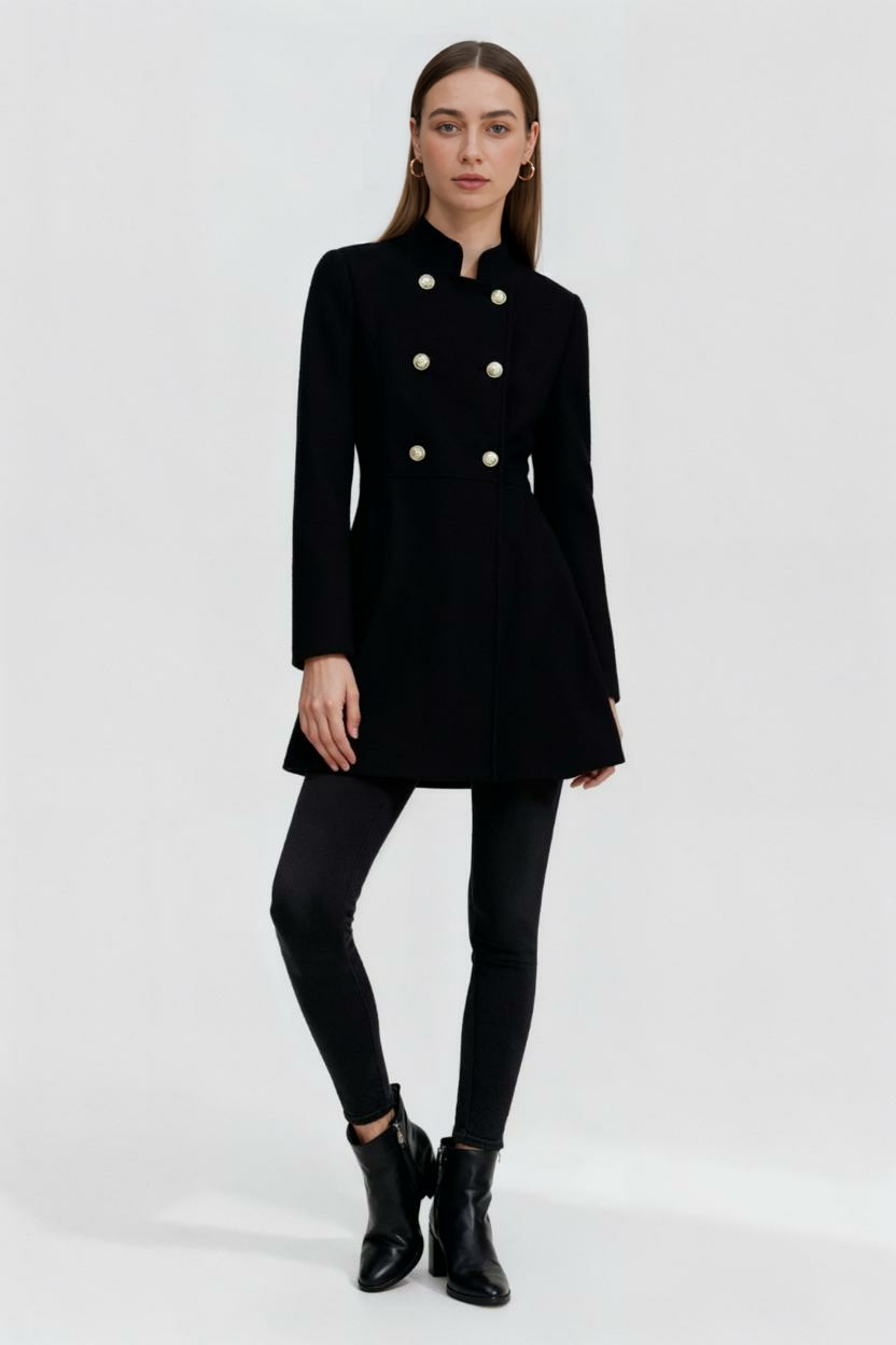 Women's Black Winter Coat with Double Row of Buttons