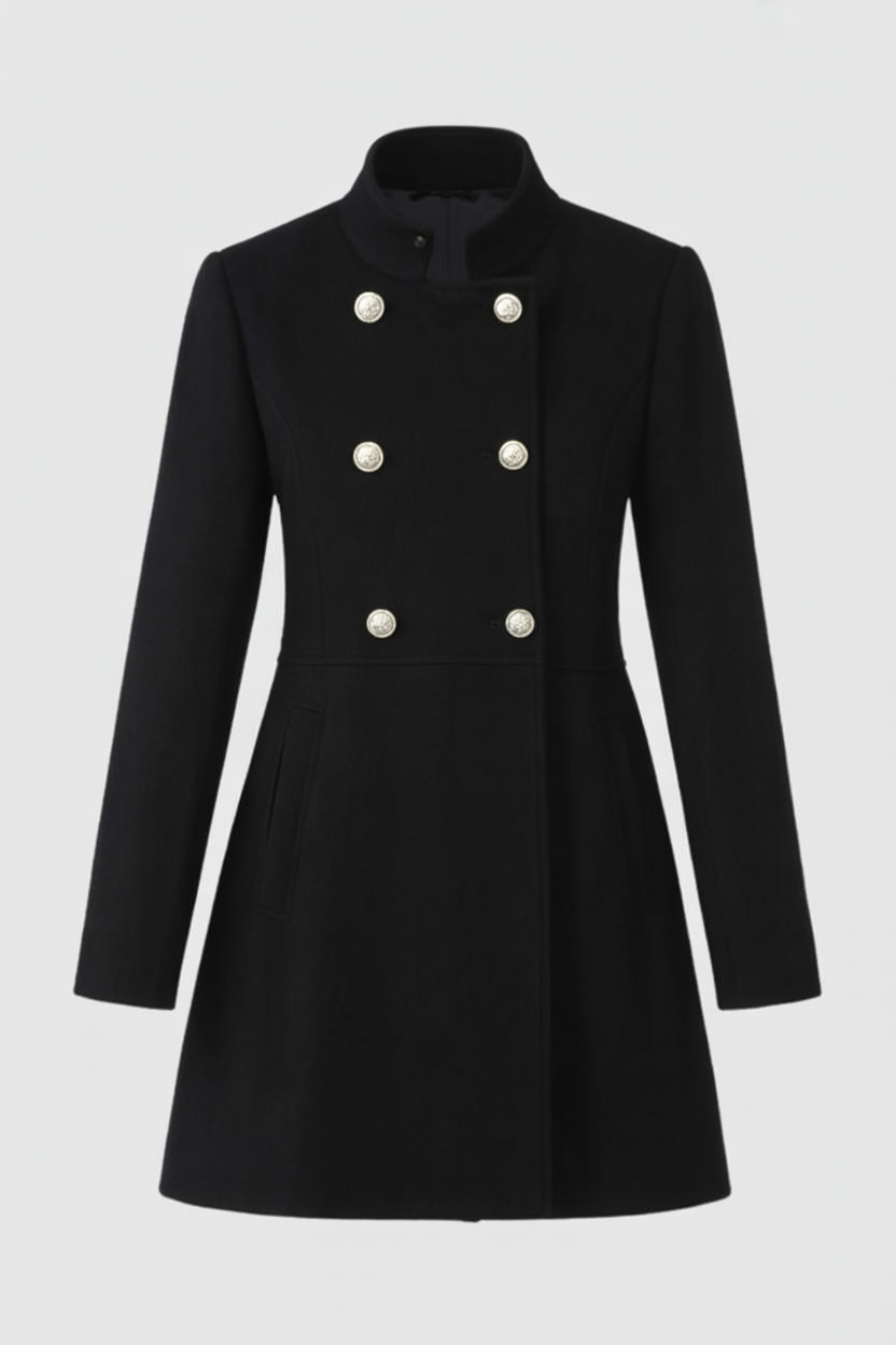 Women's Black Winter Coat with Double Row of Buttons