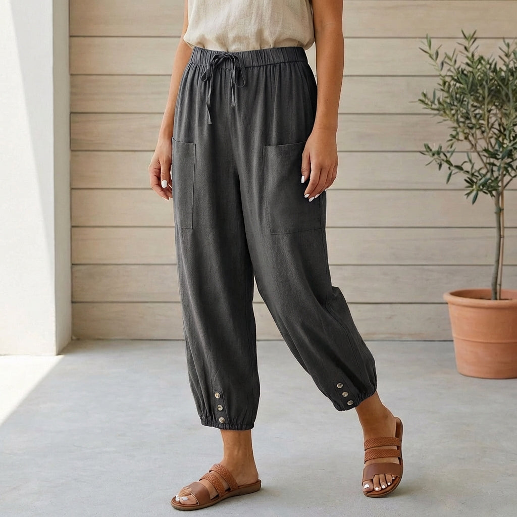 Women's linen cropped pants, gathered ankle cuff detail