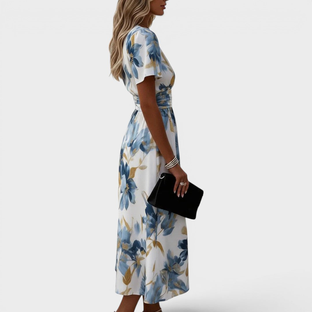 Floral wrap waist midi dress flowing A-line silhouette