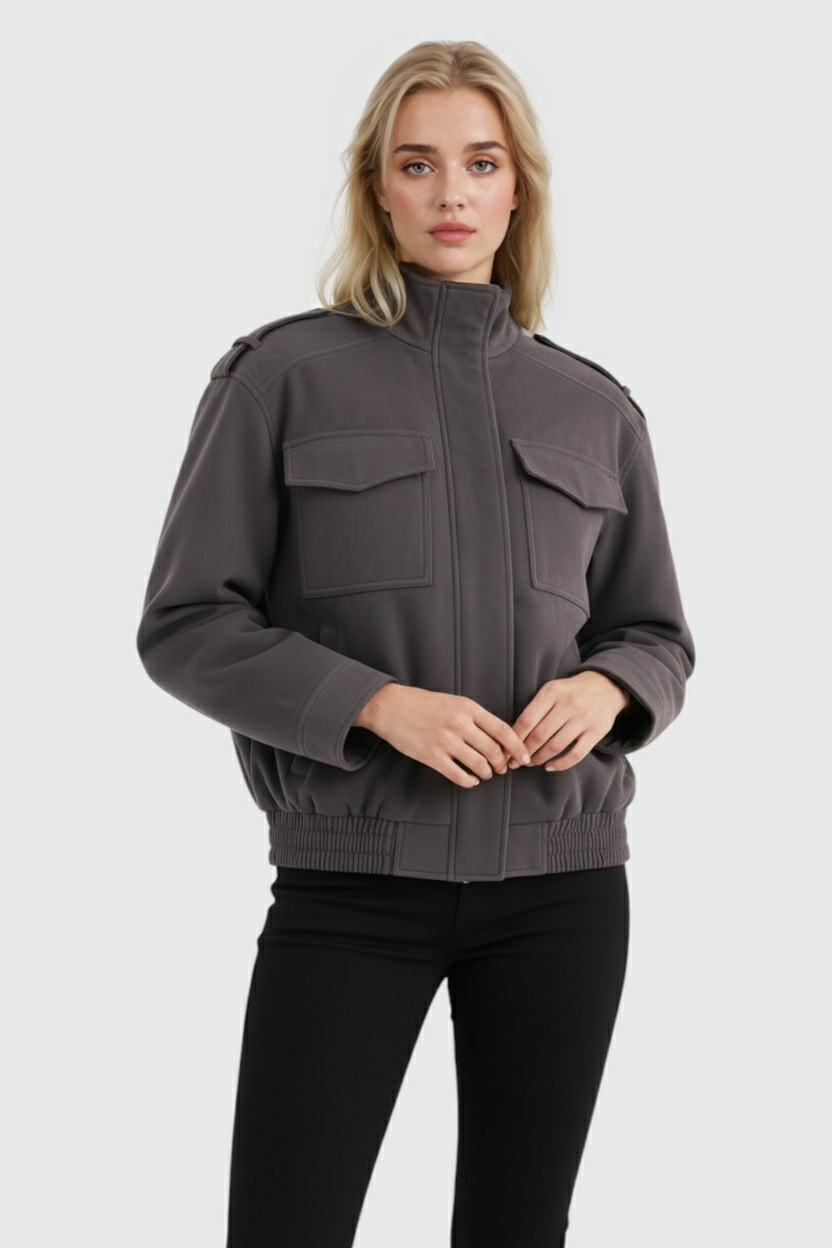 Dark Gray Bomber Jacket with Stand-Up Collar