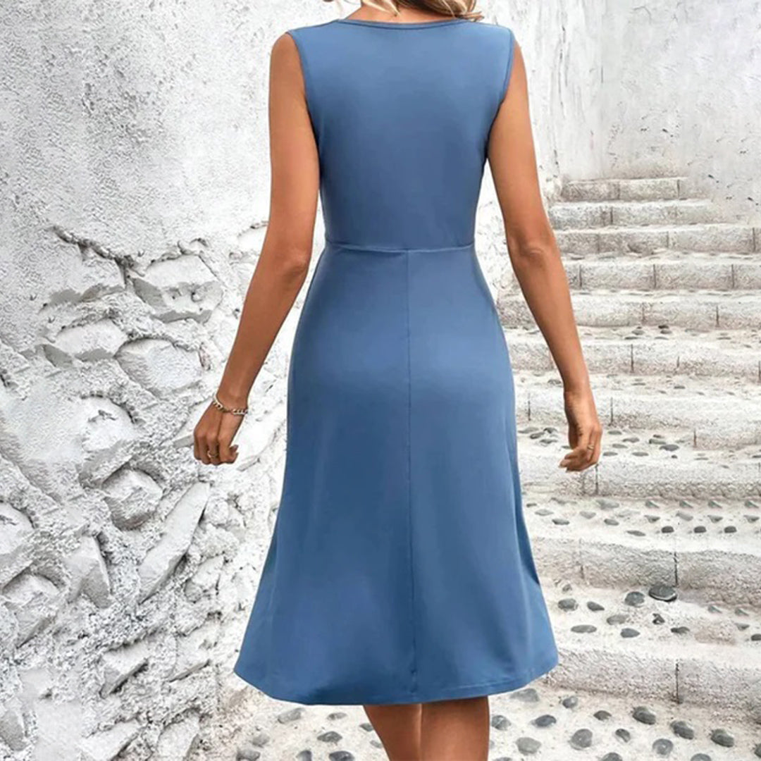 Ruched V-neck sleeveless midi dress in steel blue, back view