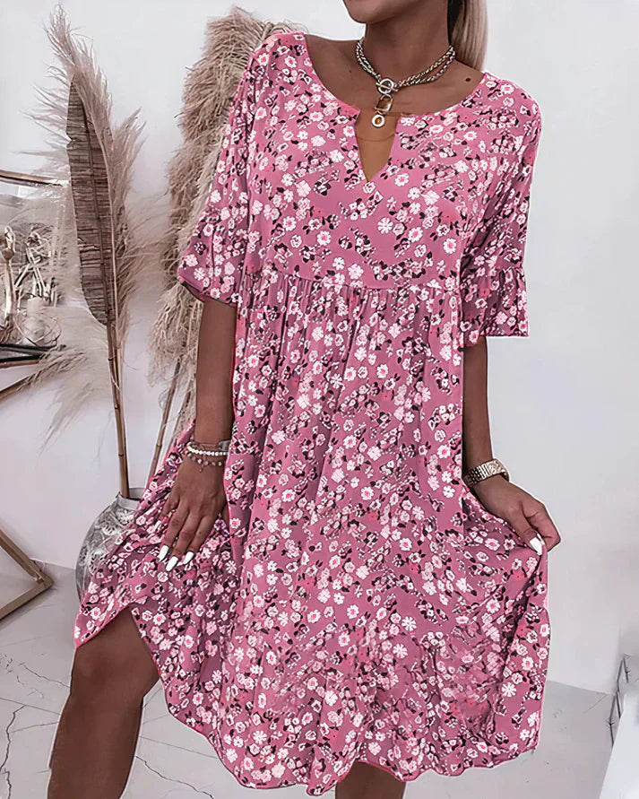 Floral V-neck midi sundress on model | Alba Muse