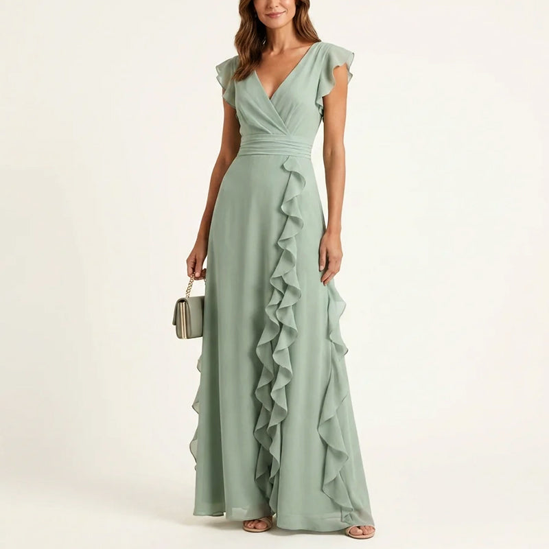 Eleanor ruffle trim wrap V-neck maxi dress front view