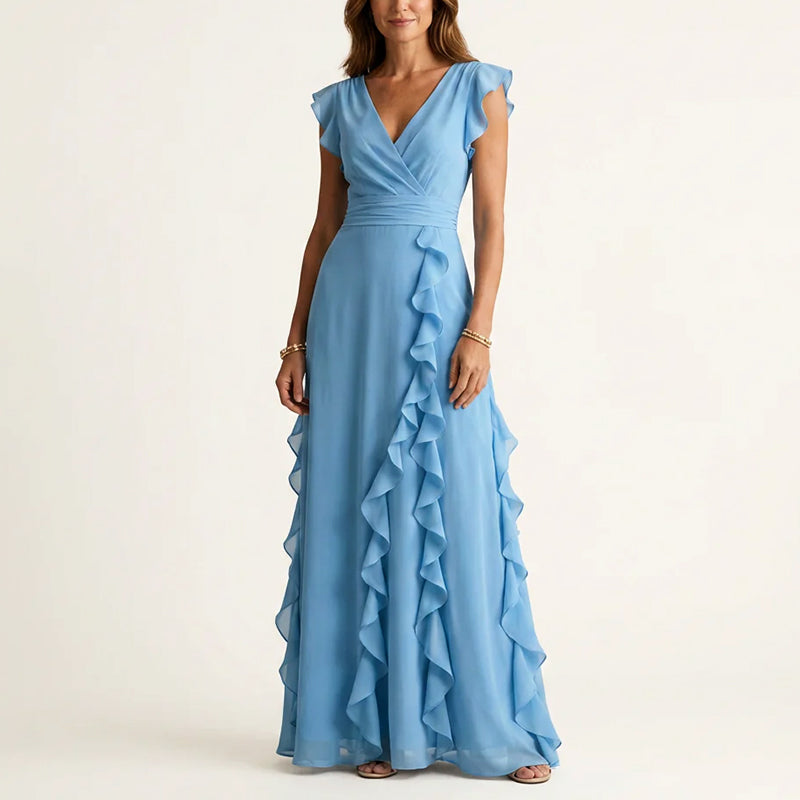 Eleanor wrap dress side profile flowing skirt