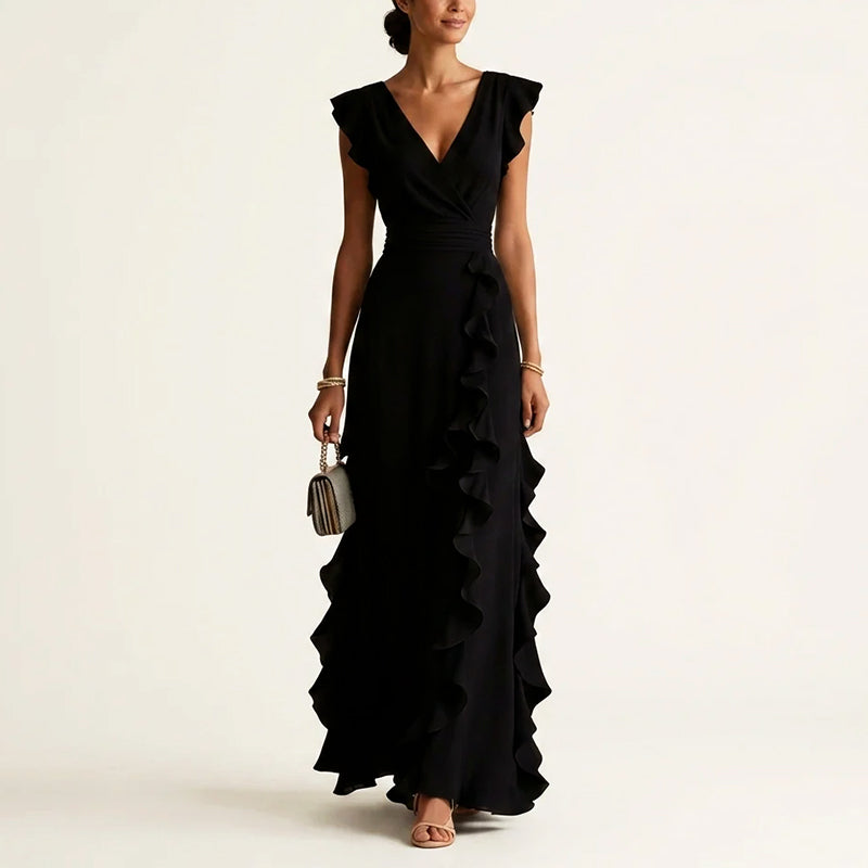 Ruffle wrap maxi dress back view full length