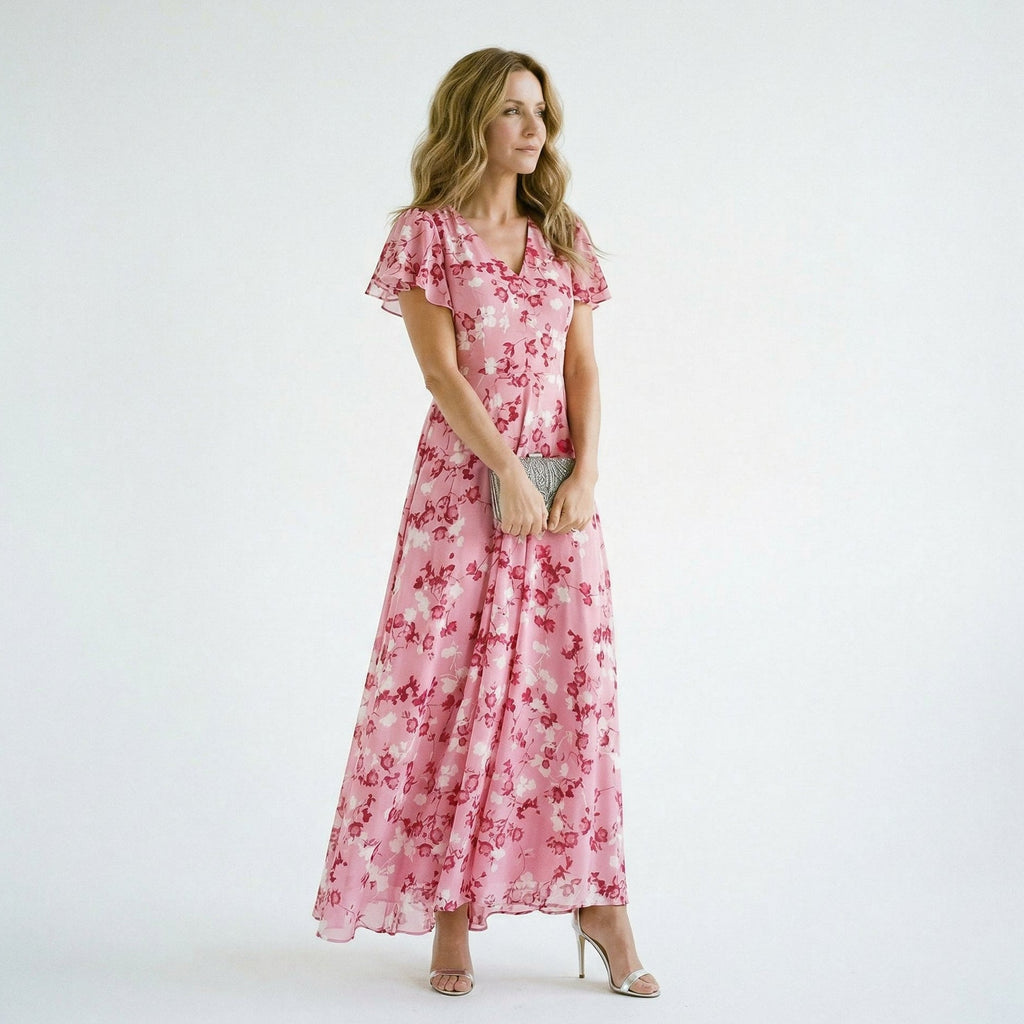 Women's elegant floral lightweight maxi dress with V-neckline, front view