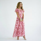 Women's elegant floral lightweight maxi dress with V-neckline, front view