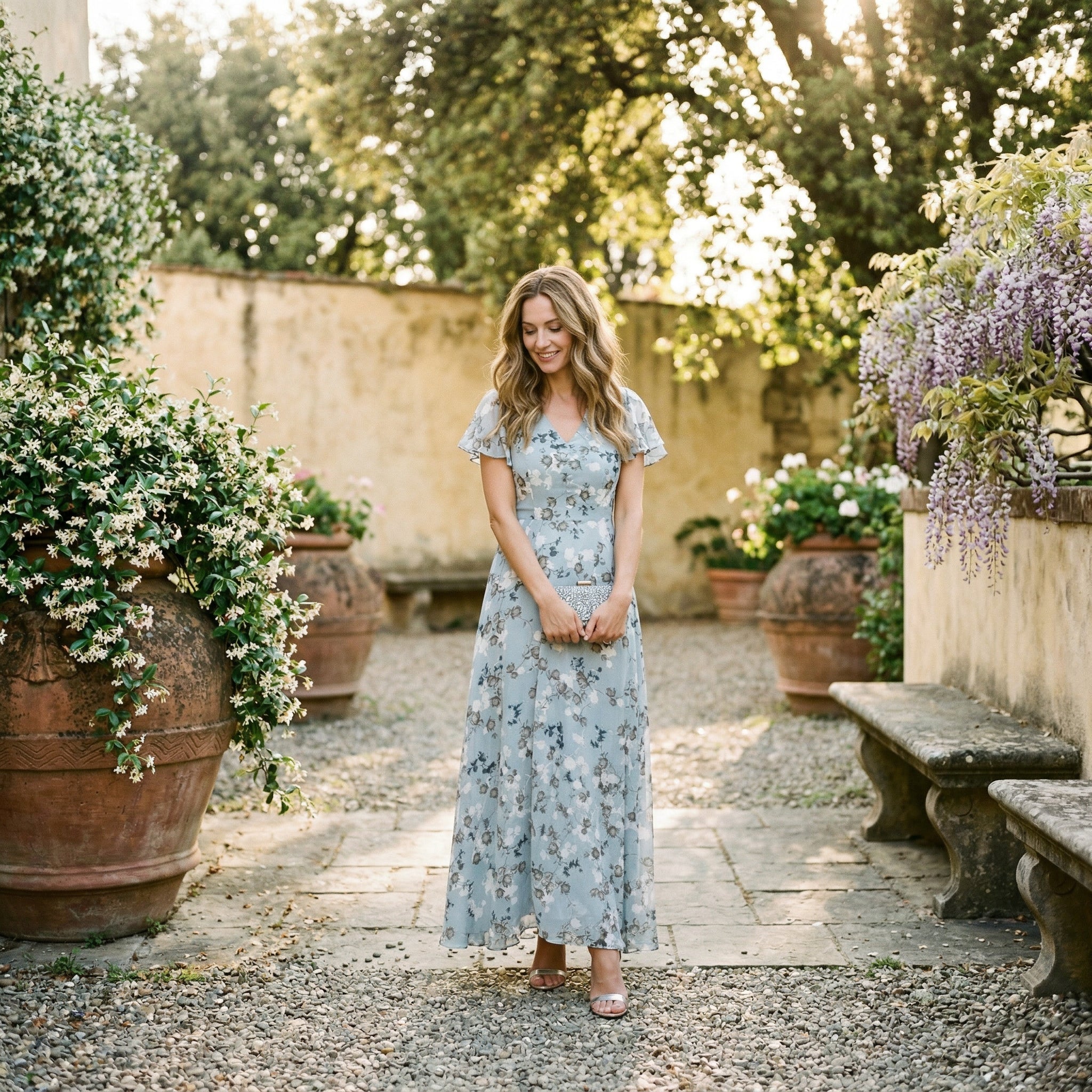 Elegant floral maxi dress slip underskirt detail