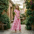 Floral maxi dress styled for beach occasions