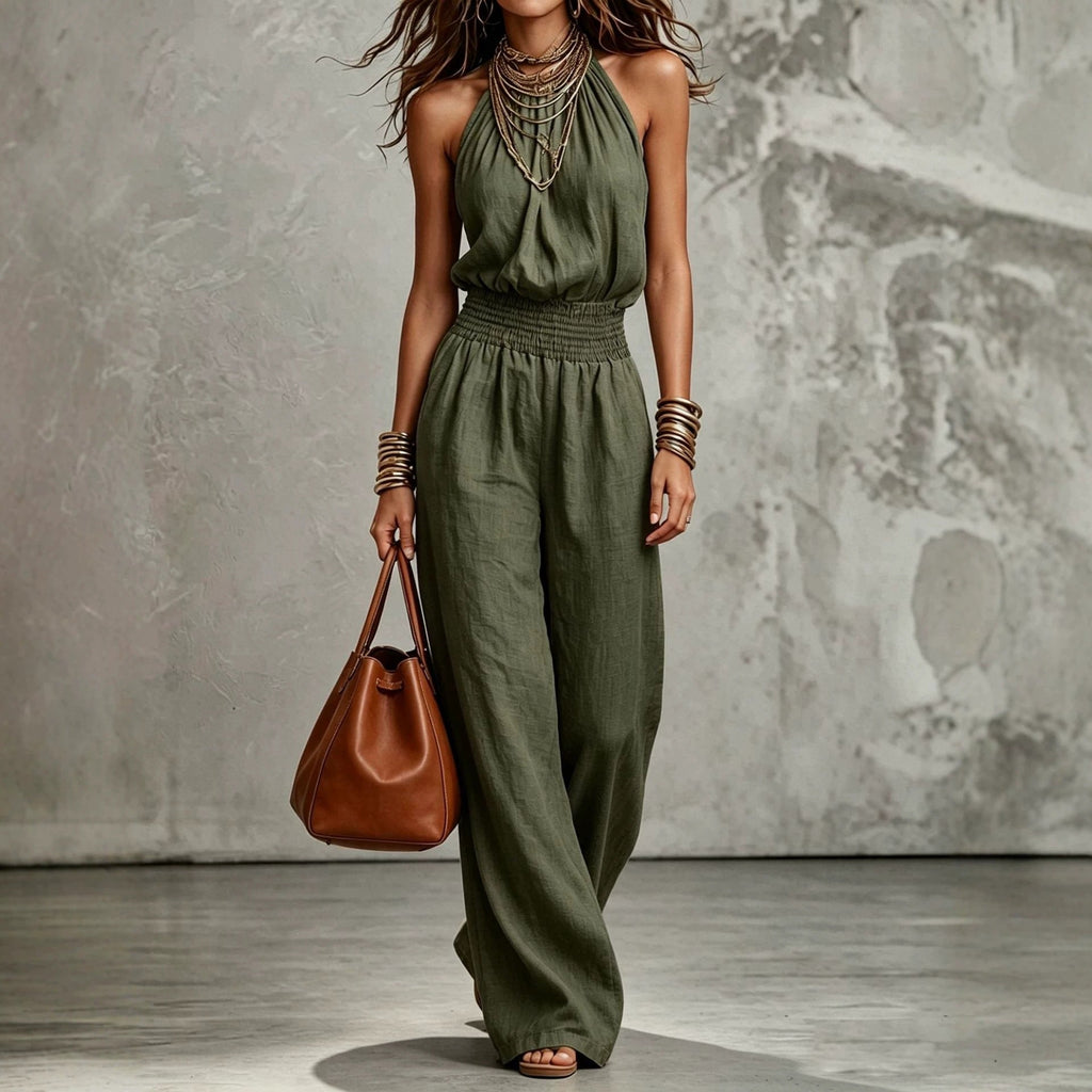 Halter Neck Linen Jumpsuit with Smocked Waist and Wide Leg