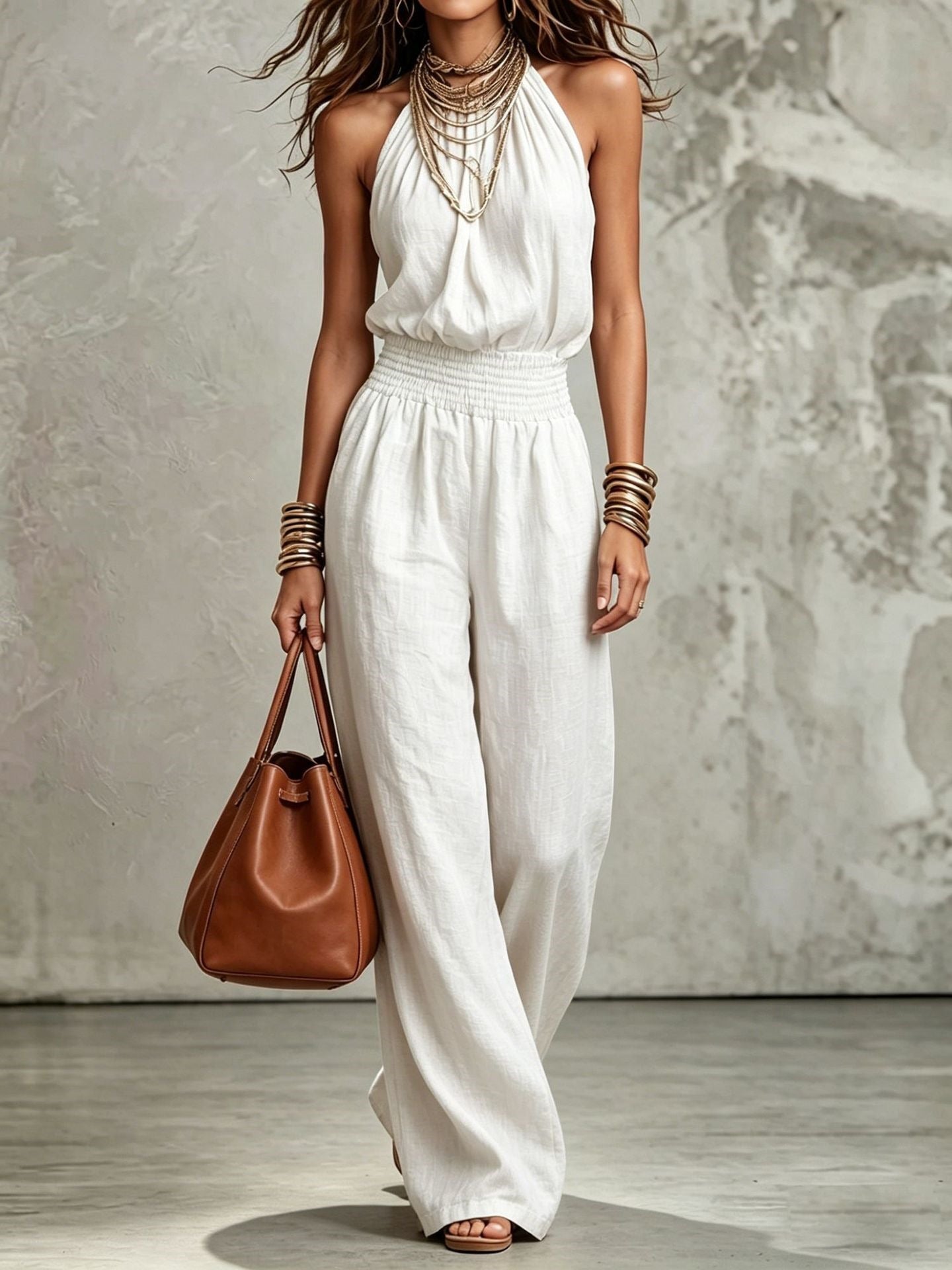 Halter Neck Linen Jumpsuit with Smocked Waist and Wide Leg