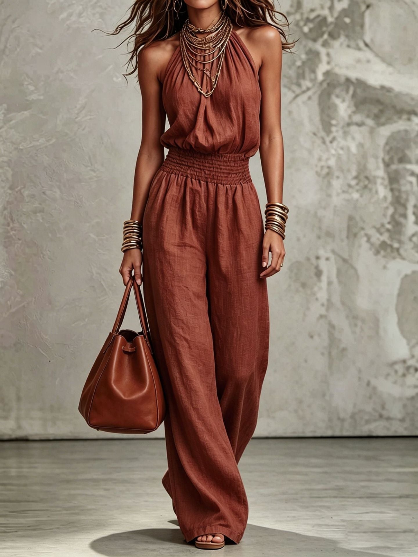 Halter Neck Linen Jumpsuit with Smocked Waist and Wide Leg