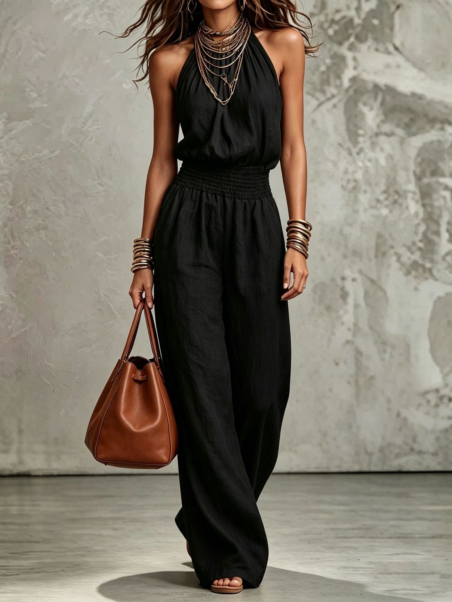 Halter Neck Linen Jumpsuit with Smocked Waist and Wide Leg
