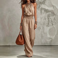 Khaki halter neck linen jumpsuit, front view