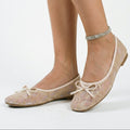 Women's lace mesh square toe ballet flats with bow knot, front view