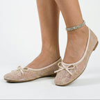 Women's lace mesh square toe ballet flats with bow knot, front view