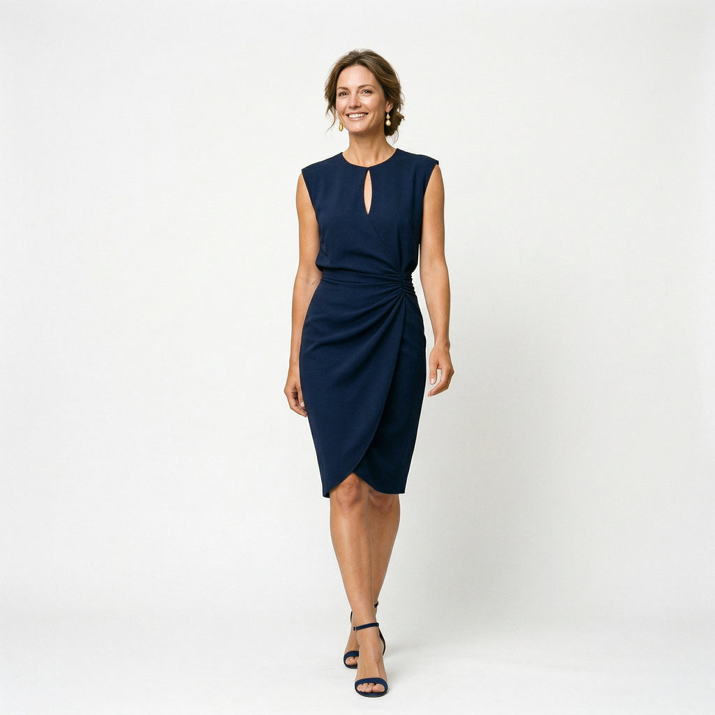 Women's long sleeve midi dress waist draping close-up