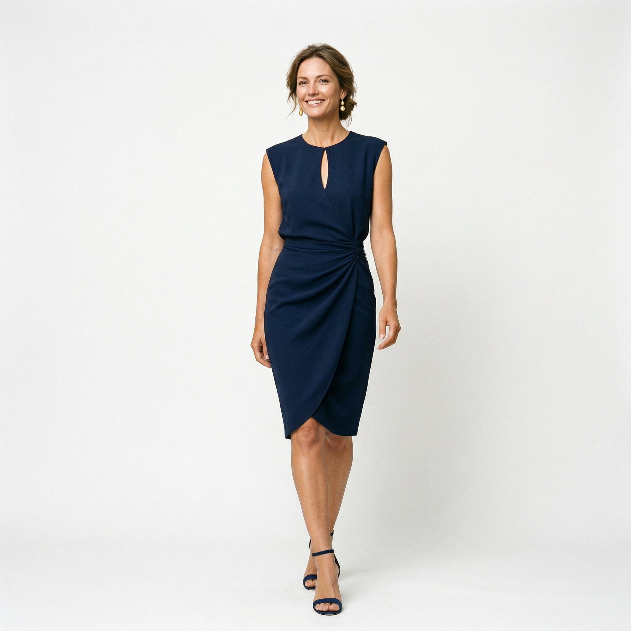Women's long sleeve midi dress waist draping close-up