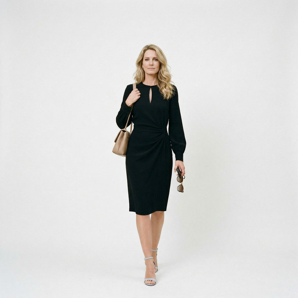 Long sleeve midi wedding guest dress styled for formal events