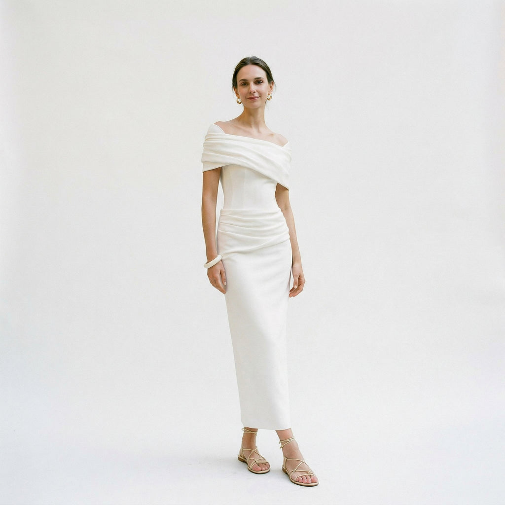 Women's mermaid evening gown with short sleeves and pleats, front view