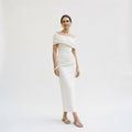 Women's mermaid evening gown with short sleeves and pleats, front view