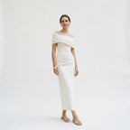 Women's mermaid evening gown with short sleeves and pleats, front view
