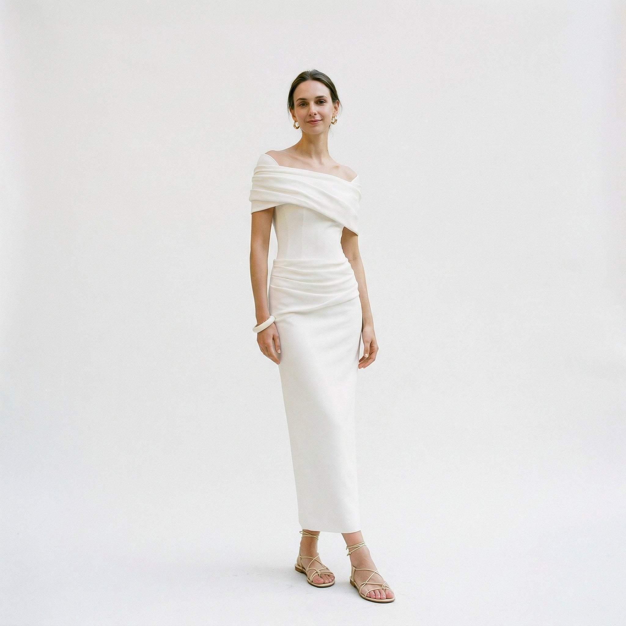 Women's mermaid evening gown with short sleeves and pleats, front view