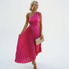 Women's one-shoulder wedding guest dress with contoured bodice, front view