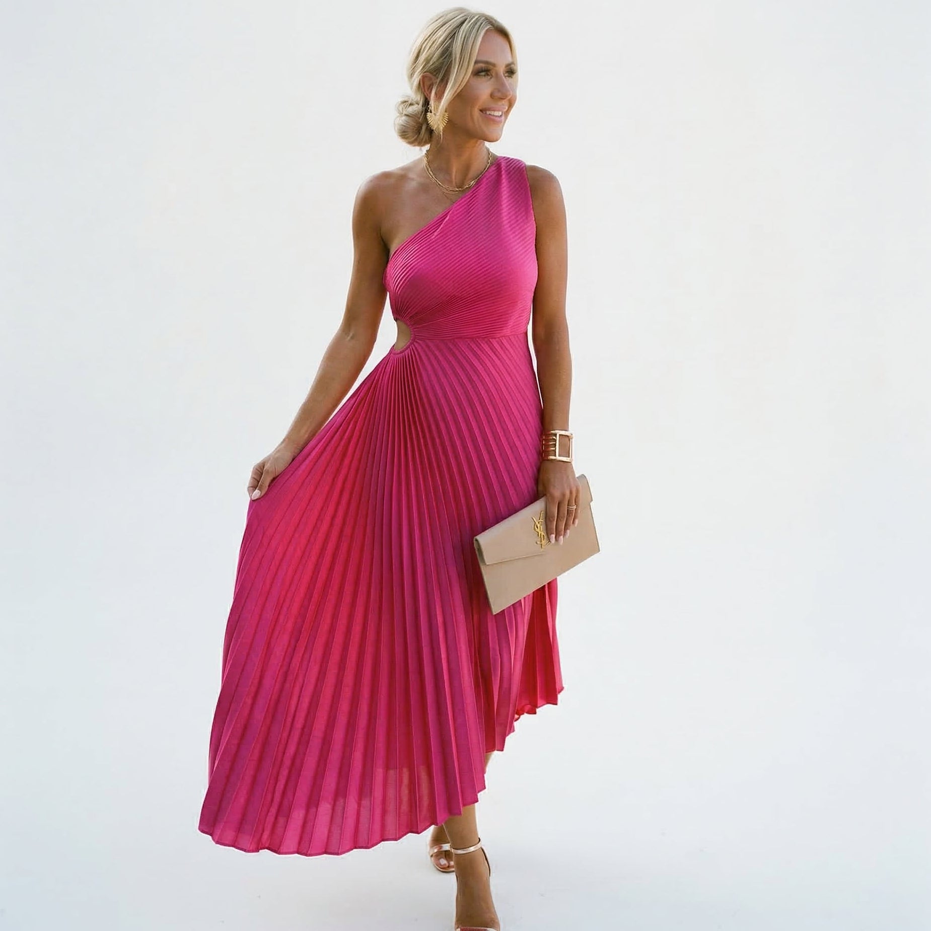 Women's one-shoulder wedding guest dress with contoured bodice, front view