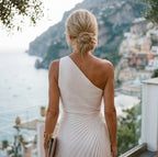 Women's one-shoulder summer dress styled for weddings