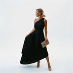 One-shoulder pleated wedding guest dress full length view