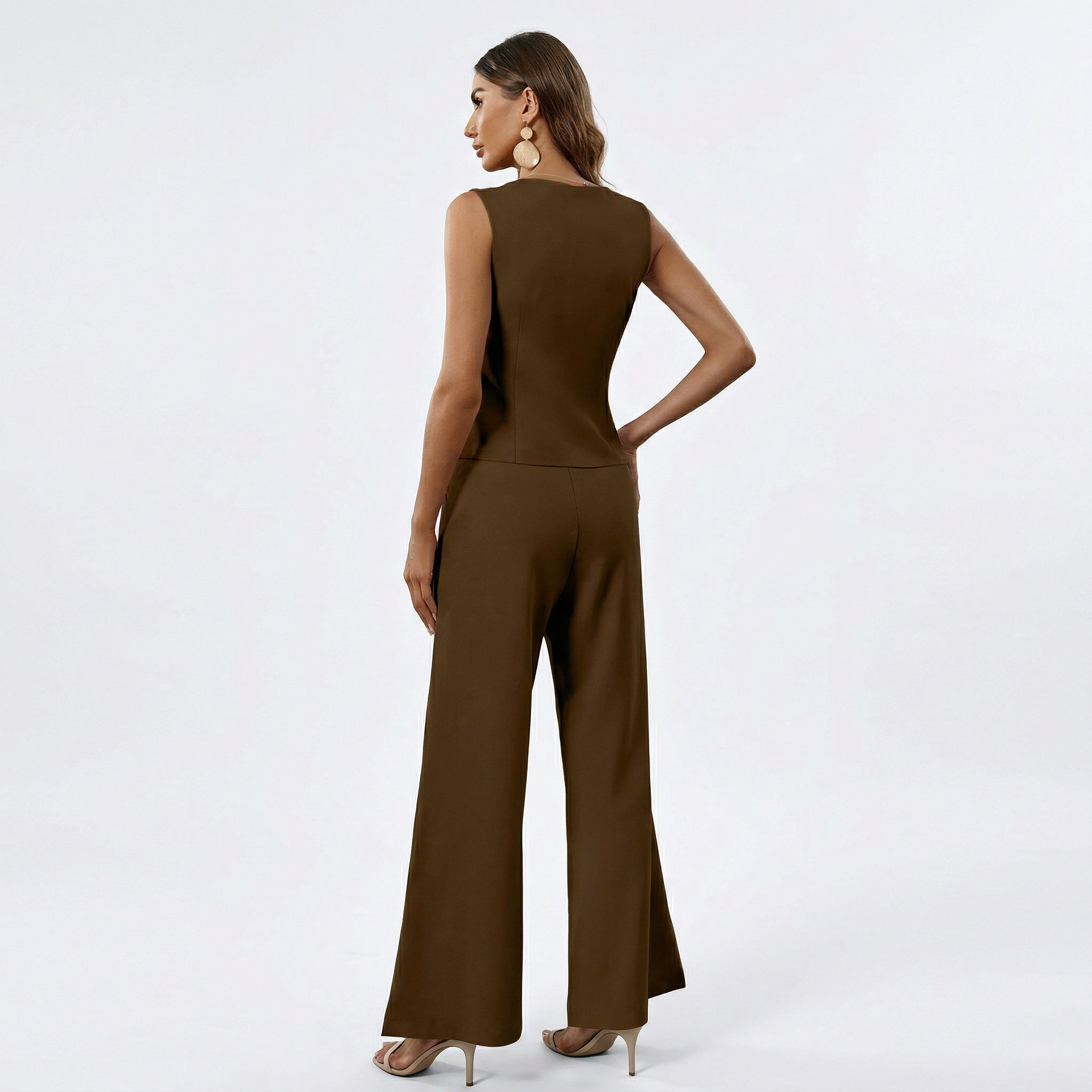 Sleeveless vest and wide leg trousers set in beige, back view