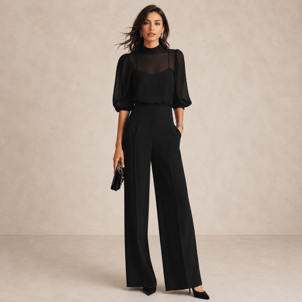 Black three-piece cape co-ord set, front view