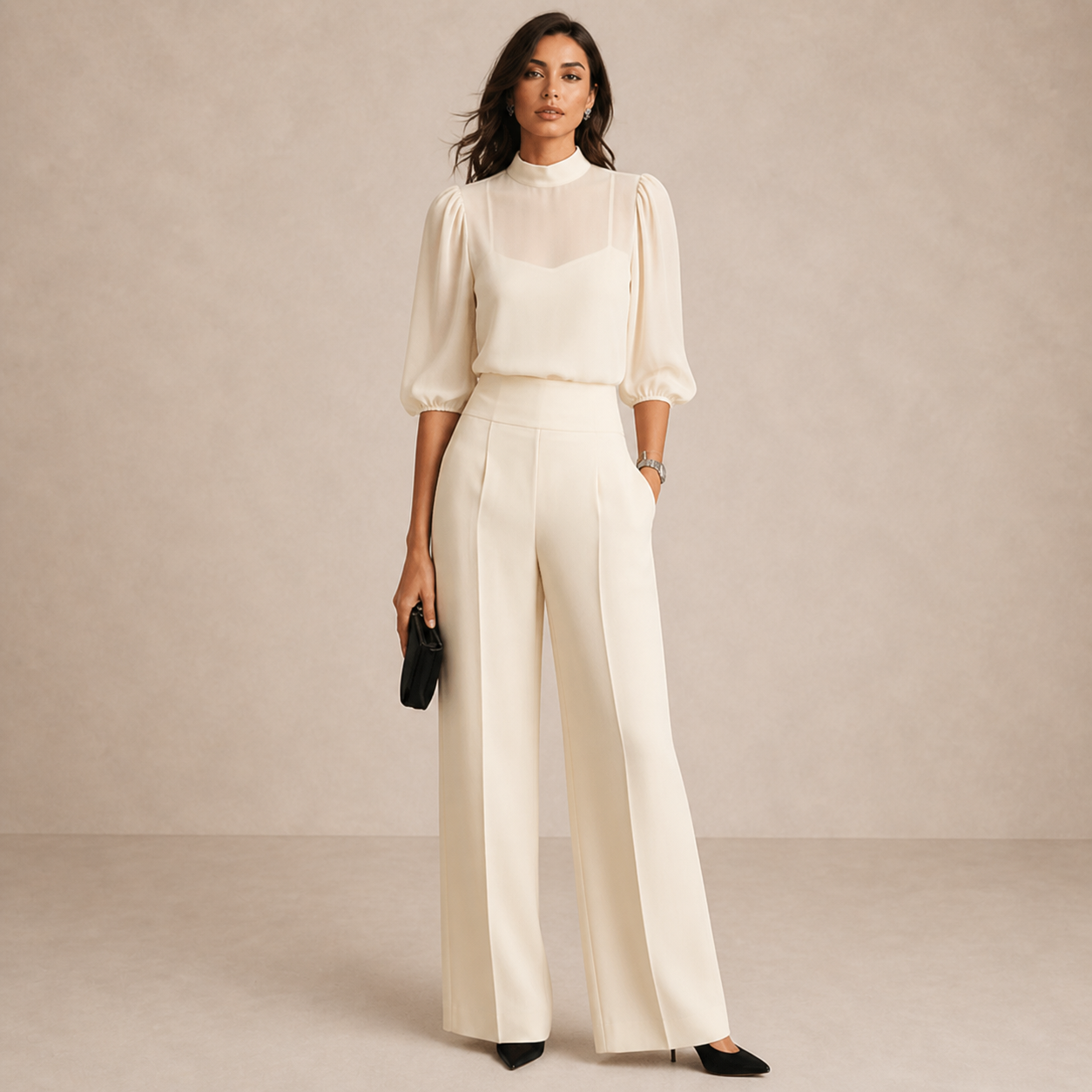 Three-Piece Cape Co-Ord Set with Wide-Leg Trousers