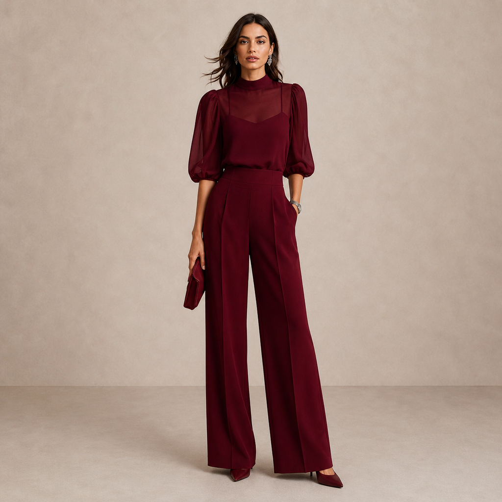 Three-Piece Cape Co-Ord Set with Wide-Leg Trousers