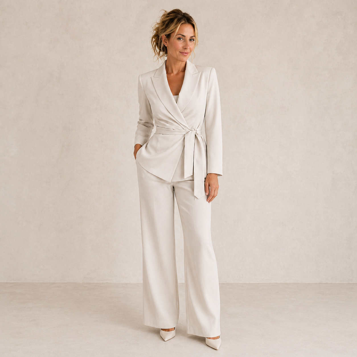 Green jacket and wide trousers co-ord set, front view