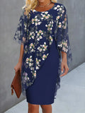 Women's floral chiffon cape dress in blue – wedding guest overlay front view