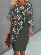 Women's floral chiffon cape dress in sage green – sleeveless fitted underdress