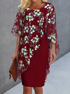 Burgundy floral cape dress for women – chiffon overlay wedding guest style