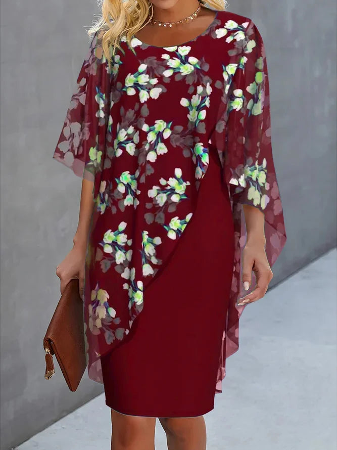 Burgundy floral cape dress for women – chiffon overlay wedding guest style