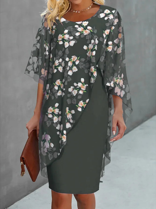 sage green floral chiffon cape dress – women's wedding guest flowing overlay