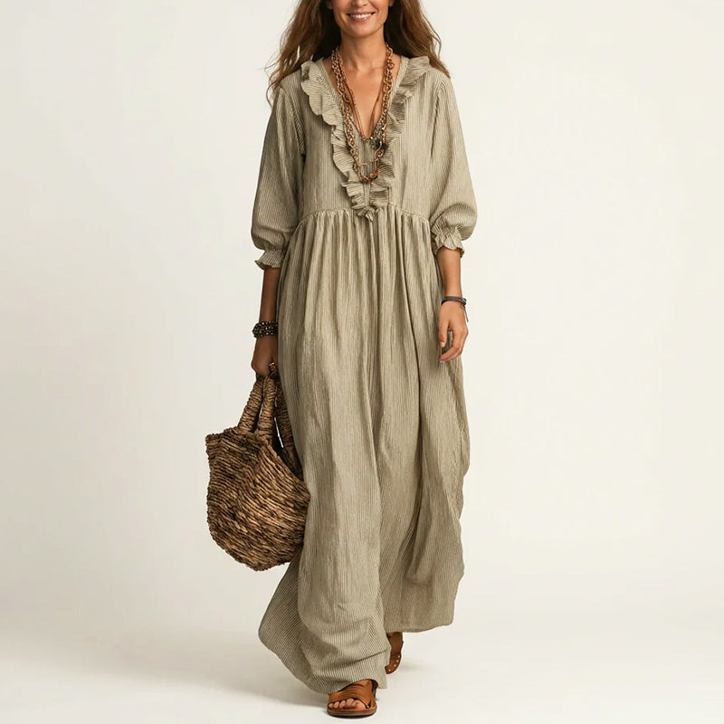 Ruffle trim detail close-up striped maxi dress