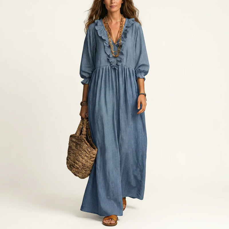 Striped boho maxi dress back view full length