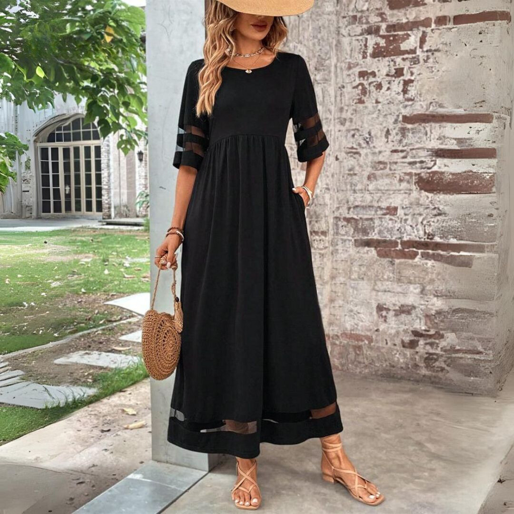 Women's empire waist tummy-flattering cotton blend maxi dress, front view on model